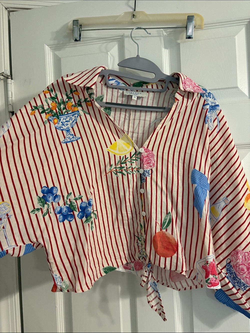 Calypso St. Barth Red & White Striped Fruit and Floral Tie-Front Button Shirt